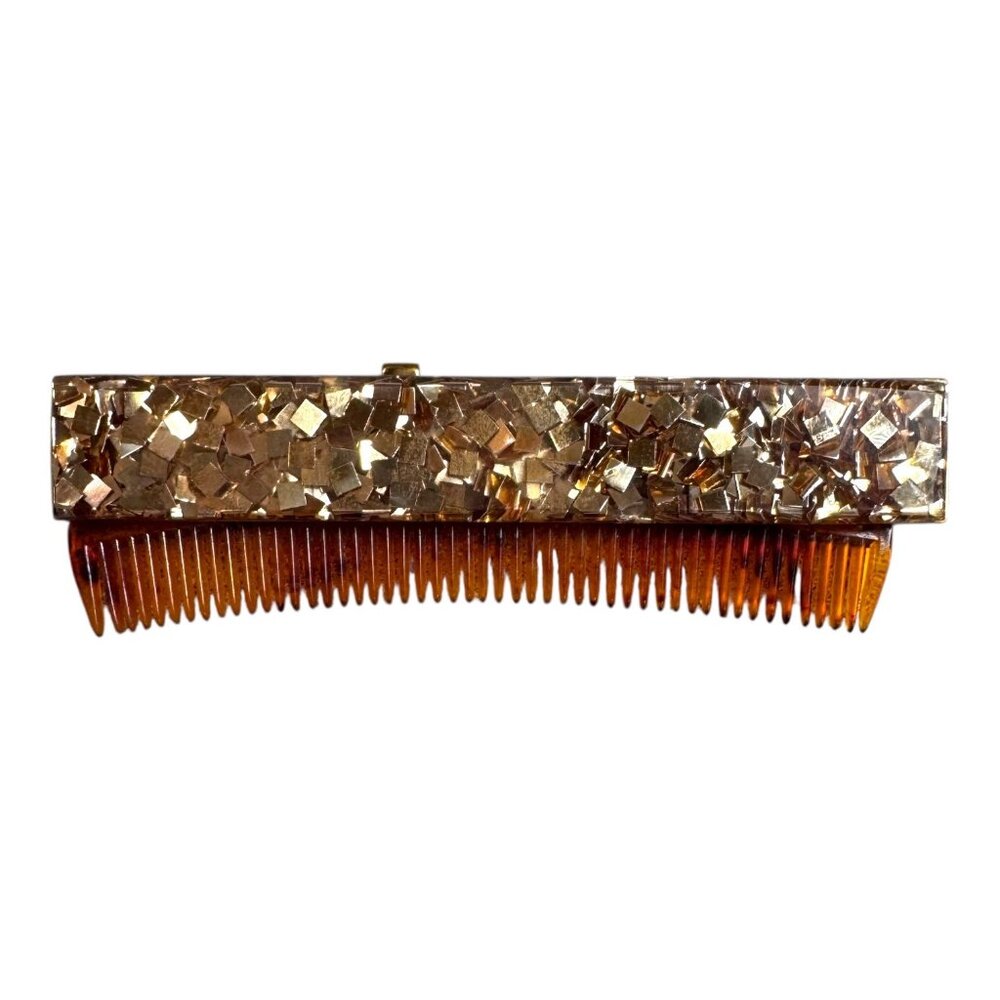 Vintage Lucite Gold Glitter Hair Comb Glittery Mosaic Retractible Tortoise Shell